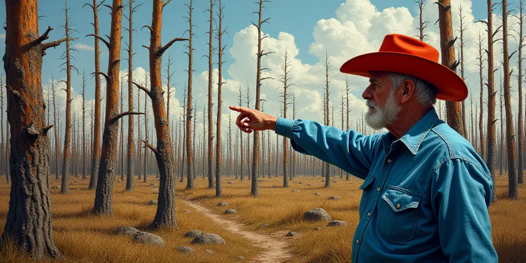 a man in a red hat pointing at a forest of dead trees with a blue shirt on and a red hat on, Dennis