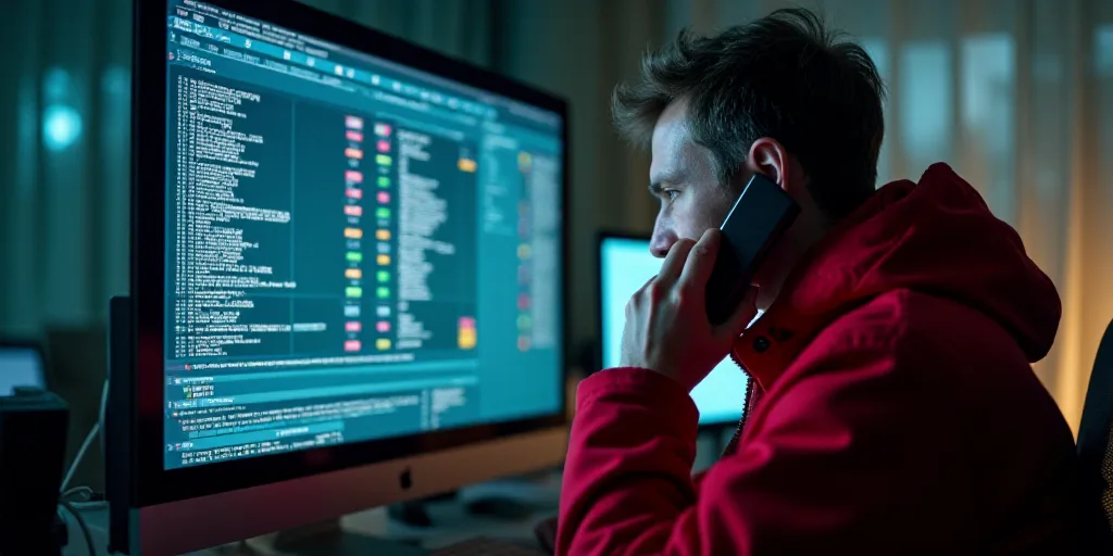 a man in a red jacket is on a phone and is looking at a computer screen with a lot of data on it, An