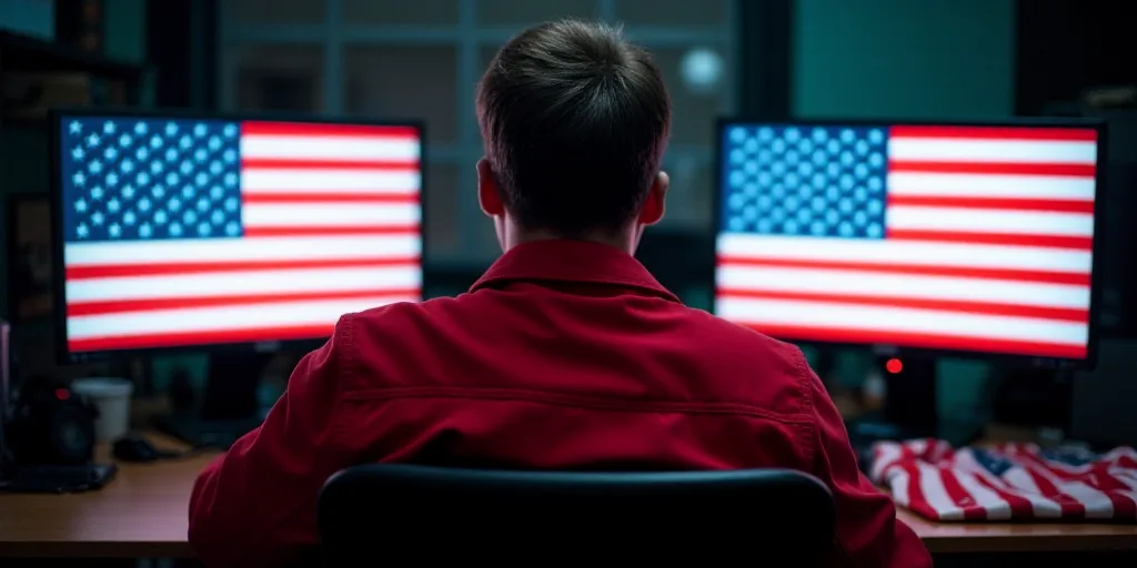 a man in a red jacket sitting in front of two computer monitors with american flags on them and a fl