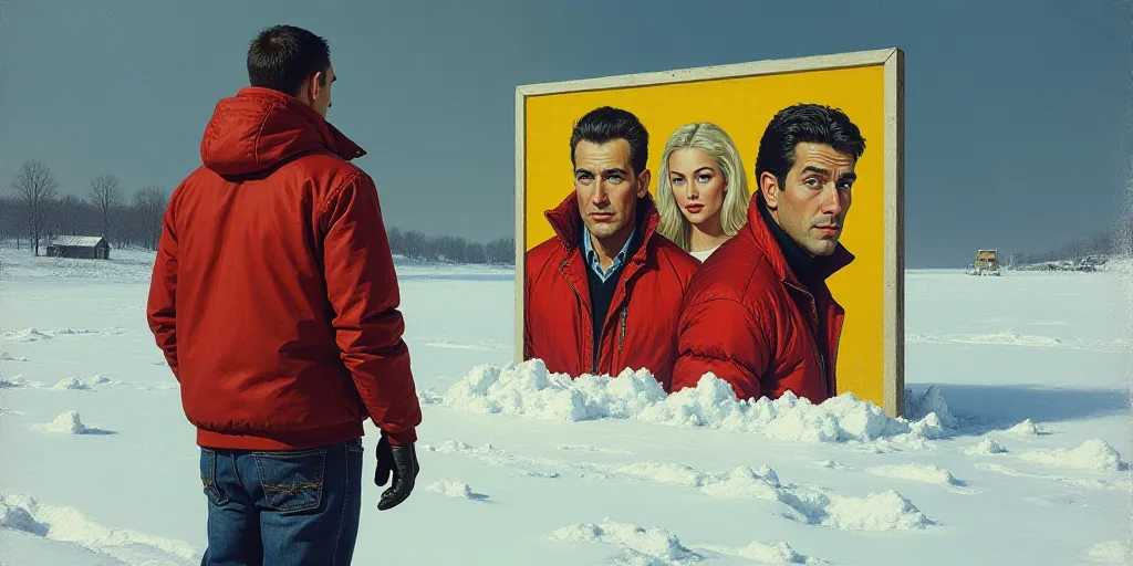 a man in a red jacket standing in front of a poster of two men with faces on them and a woman with a