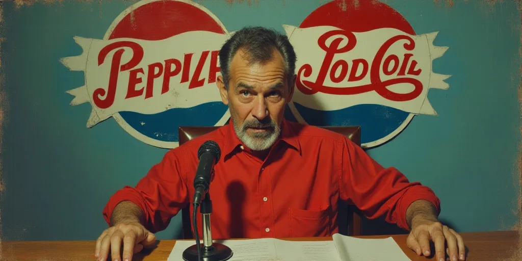 a man in a red shirt sitting in a chair with a microphone in front of him and a pepsi sign behind hi