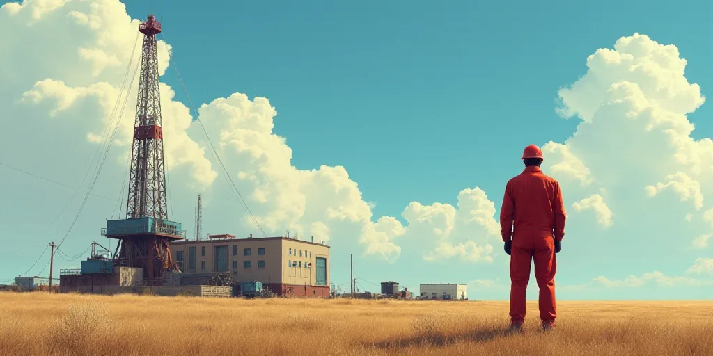 a man in a red suit standing in front of a drilling rig and a building with a sky background, Dahlov