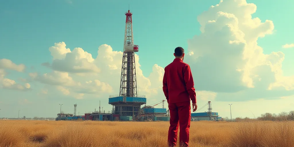 a man in a red suit standing in front of a drilling rig and a building with a sky background, Dahlov