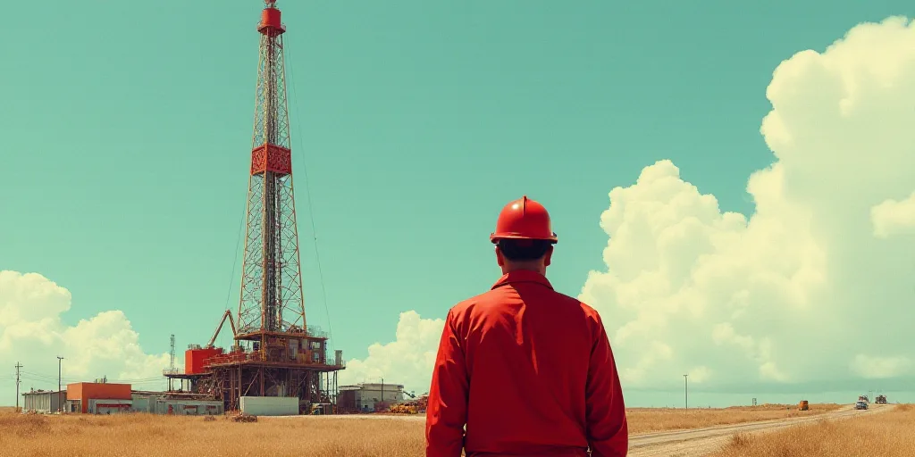 a man in a red suit standing in front of a drilling rig and a building with a sky background, Dahlov