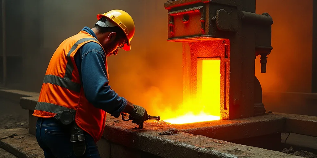 a man in a safety vest and hard hat working on a steel casting machine in a factory with orange and