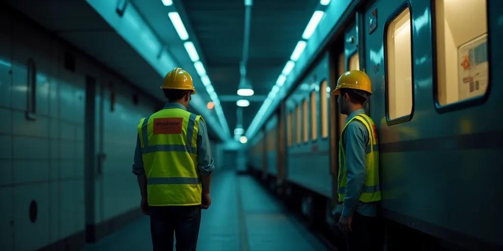 a man in a safety vest is standing next to a train car and another man is holding a light, Andrey Ye
