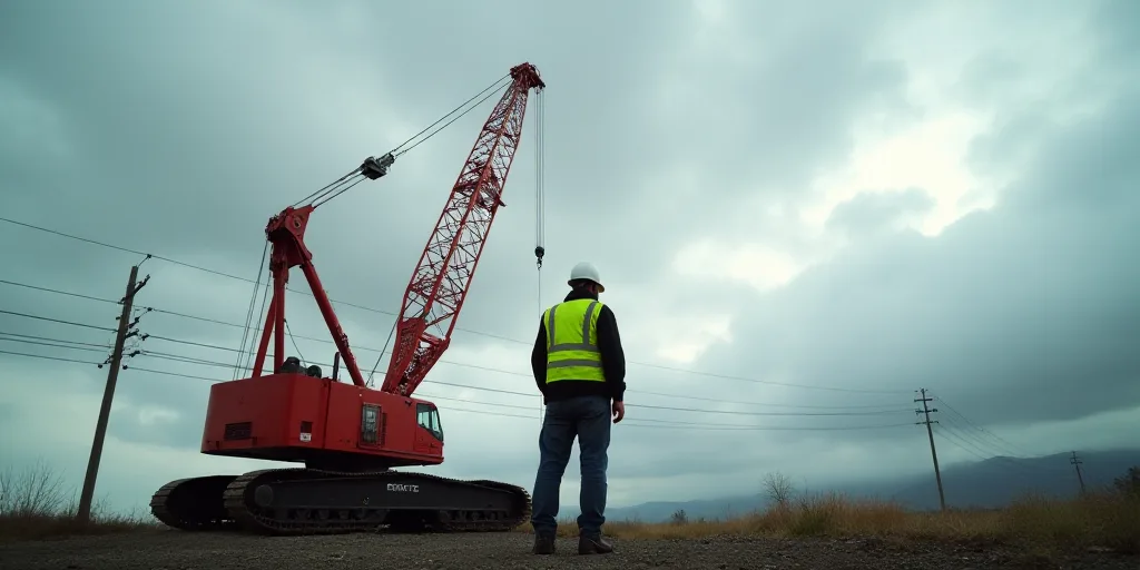 a man in a safety vest standing next to a red crane on a cloudy day with power lines in the backgrou