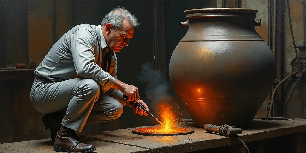 a man in a silver suit working on a piece of metal in a factory with a large metal pot, Ayshia Taşk