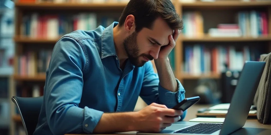 a man in a store looking at a laptop computer and holding his head in his hands while holding a phon
