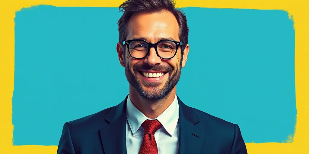 a man in a suit and glasses is smiling for the camera with a blue background and a yellow border, Ed