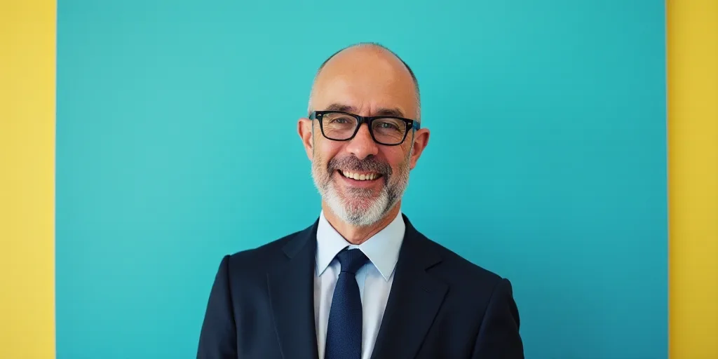 a man in a suit and glasses is smiling for the camera with a blue background and a yellow border, Ed