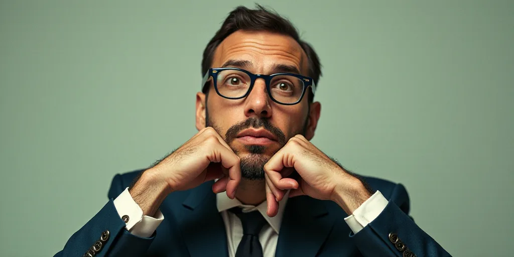 a man in a suit and glasses is posing for a picture with his hands on his chins and his chin resting