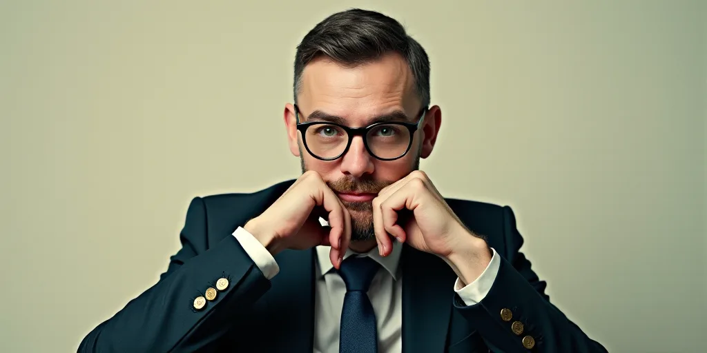 a man in a suit and glasses is posing for a picture with his hands on his chins and his chin resting