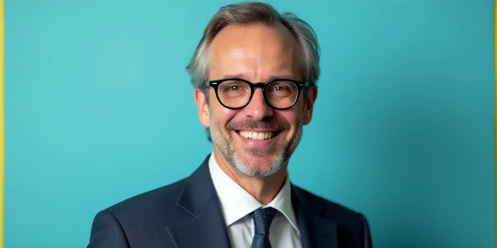 a man in a suit and glasses is smiling for the camera with a blue background and a yellow border, Ed