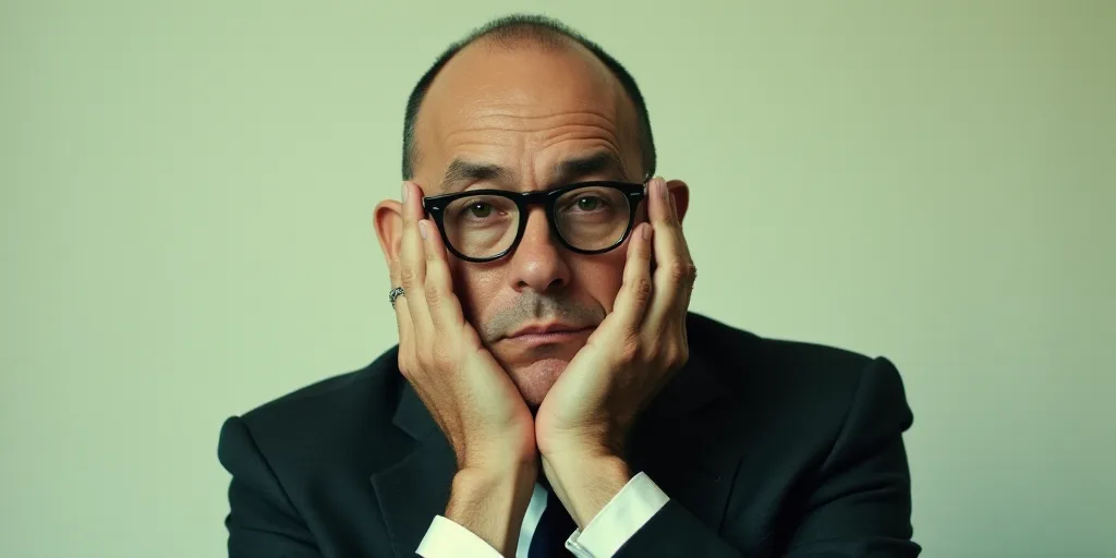 a man in a suit and glasses is posing for a picture with his hands on his chins and his chin resting