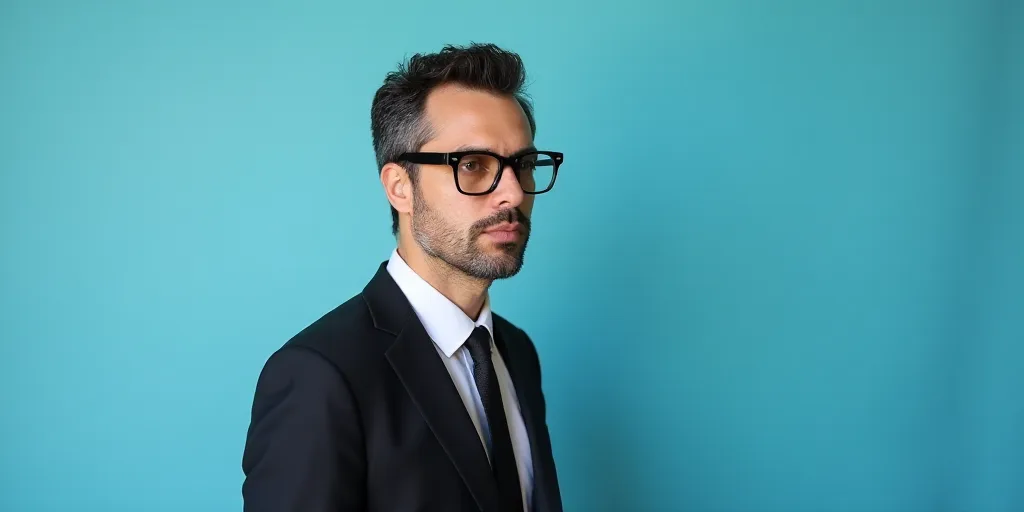 a man in a suit and glasses standing in front of a blue background with a black and white photo, Est