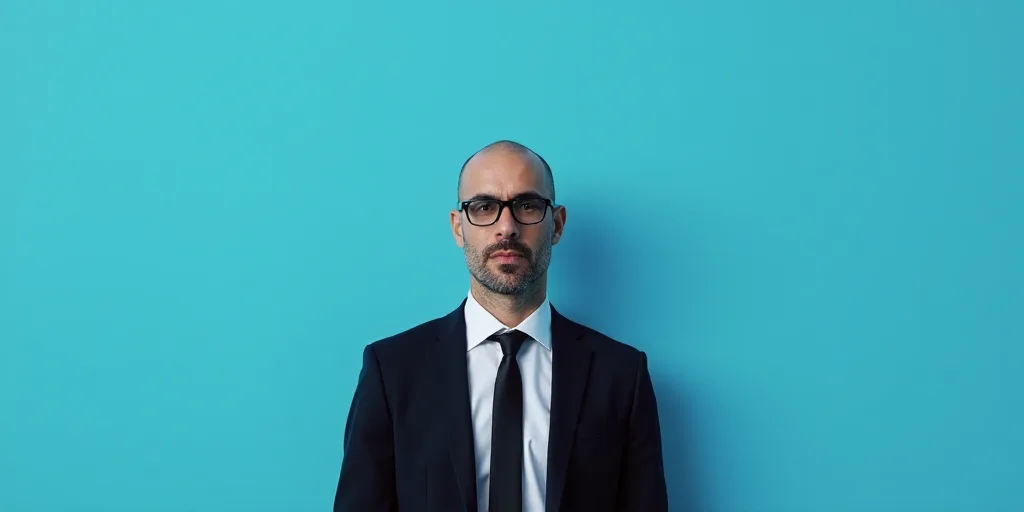 a man in a suit and glasses standing in front of a blue background with a black and white photo, Est