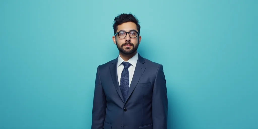 a man in a suit and glasses standing in front of a blue background with a black and white photo, Est