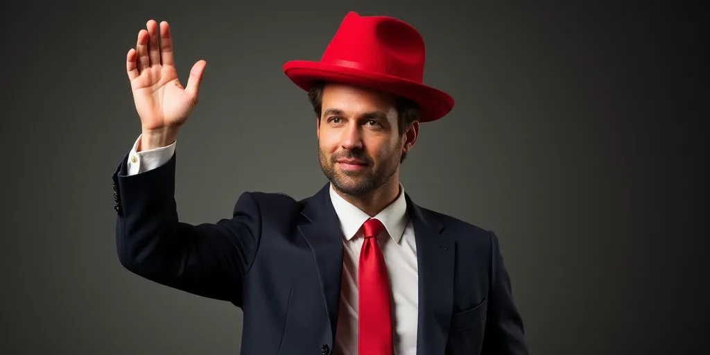 a man in a suit and red tie with a red hat on his head and his arm raised up, Donald Roller Wilson,