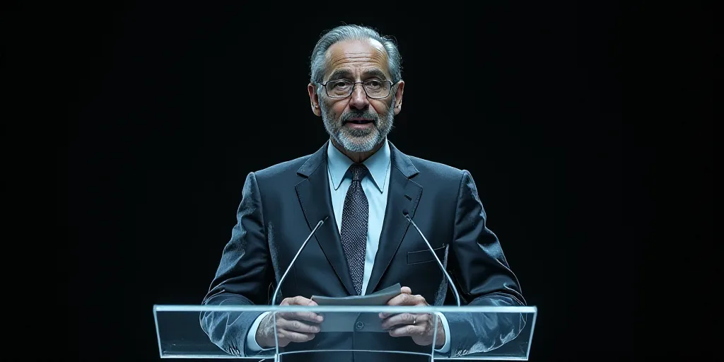 a man in a suit and tie giving a speech at a podium with a microphone in front of him, Antoni Tàpie