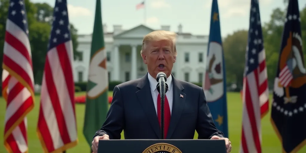 a man in a suit and tie giving a speech at a podium with flags behind him and a white house in the b