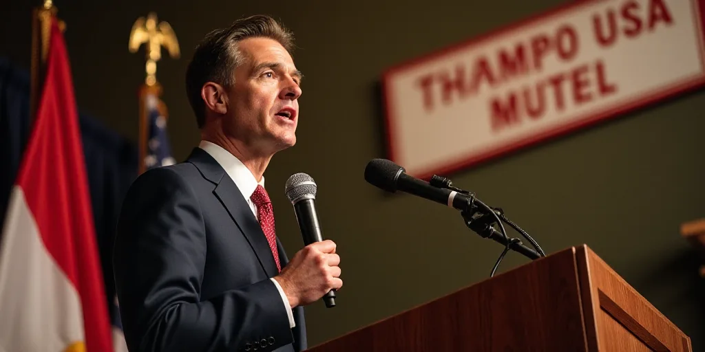 a man in a suit and tie giving a speech at a podium with a microphone in his hand and a turning poin