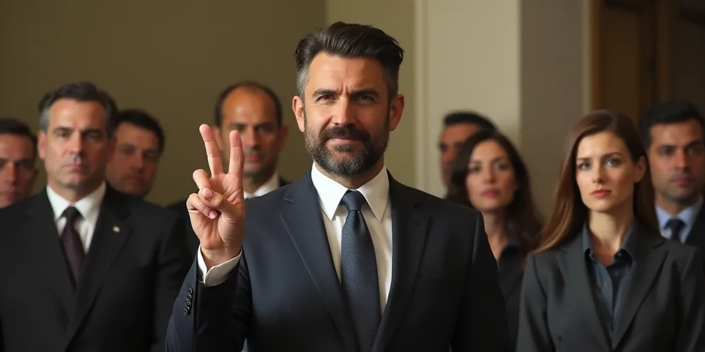 a man in a suit and tie giving a peace sign with his fingers while others look on in the background,