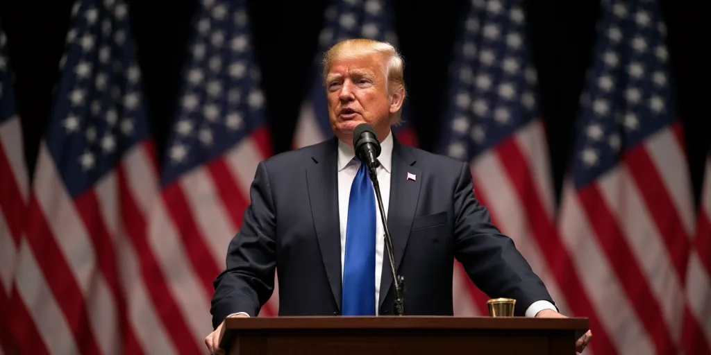a man in a suit and tie giving a speech at a podium with american flags behind him and a microphone