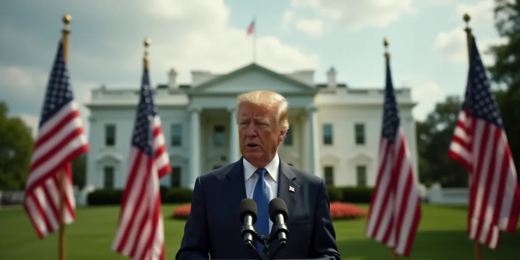 a man in a suit and tie giving a speech at a podium with flags behind him and a white house in the b
