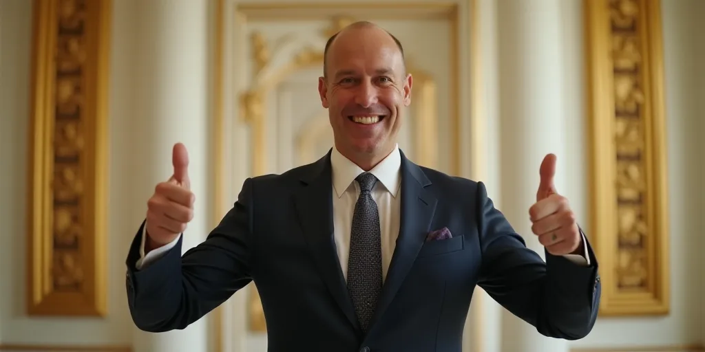 a man in a suit and tie giving a thumbs up sign in a room with gold and white walls, Donald Roller W
