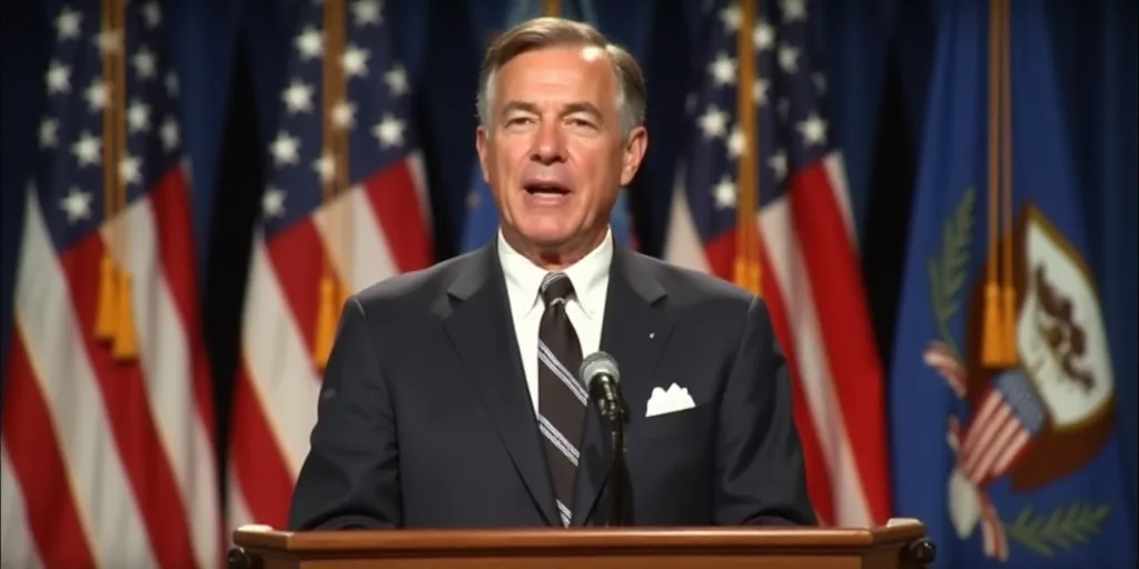 a man in a suit and tie giving a speech at a podium with flags behind him and a microphone in the fo