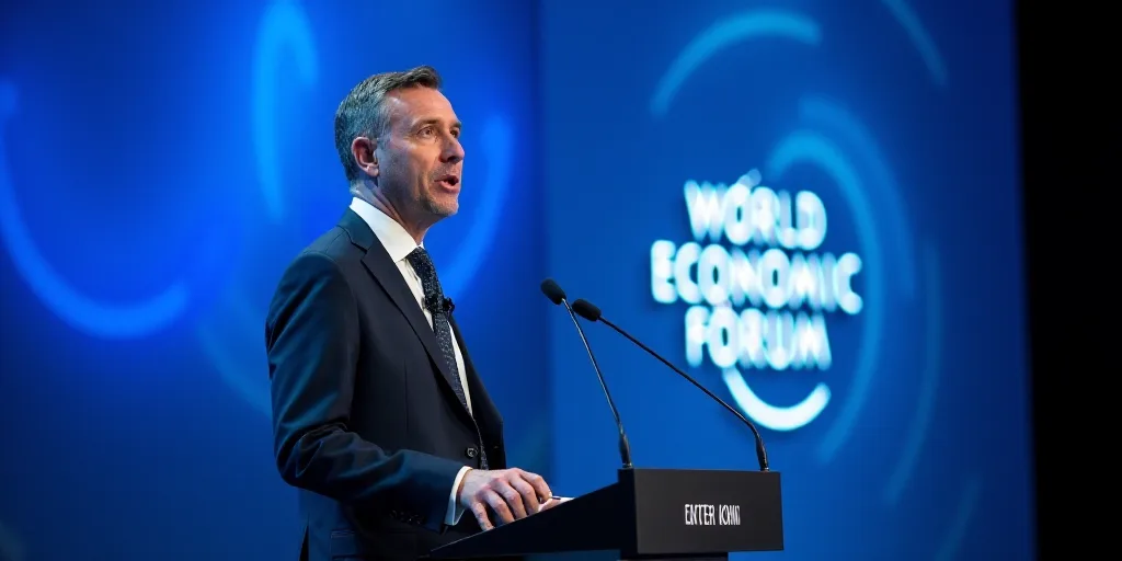 a man in a suit and tie giving a speech at a conference hall with a blue background and a world econ