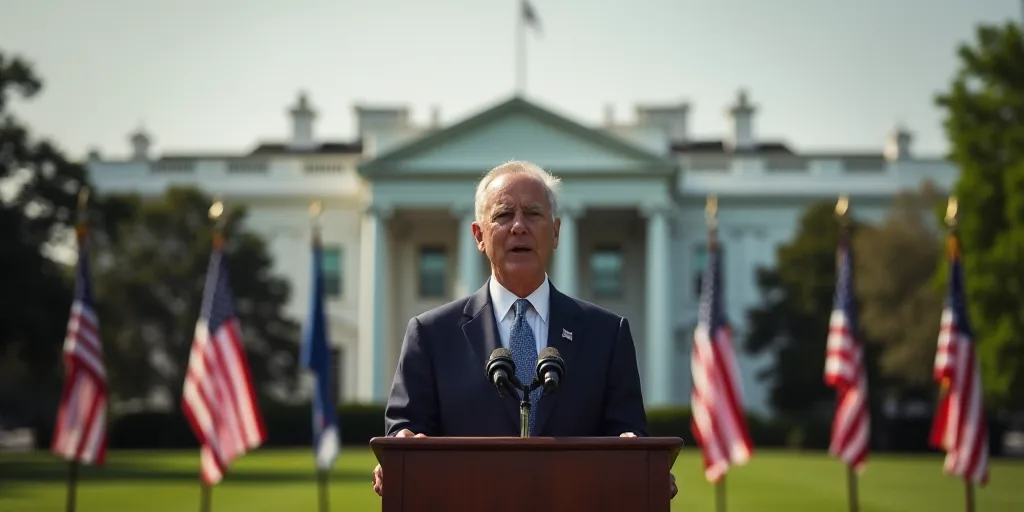 a man in a suit and tie giving a speech at a podium with flags behind him and a white house in the b