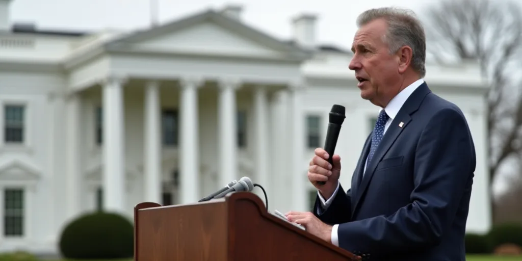 a man in a suit and tie giving a speech at a podium with a microphone in his hand and a white buildi