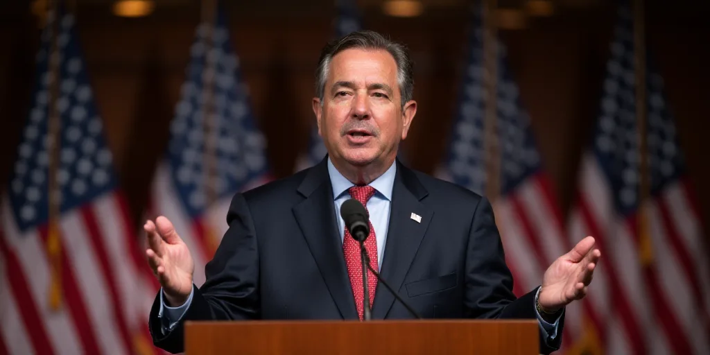 a man in a suit and tie giving a speech at a podium with flags behind him and a microphone in front