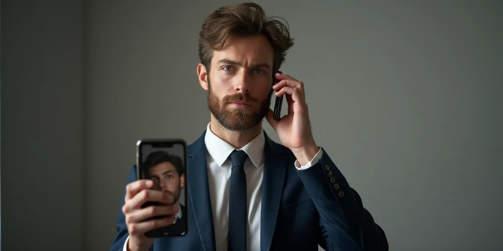 a man in a suit and tie holding a cell phone up to his face with a picture of him, Andries Stock, 8