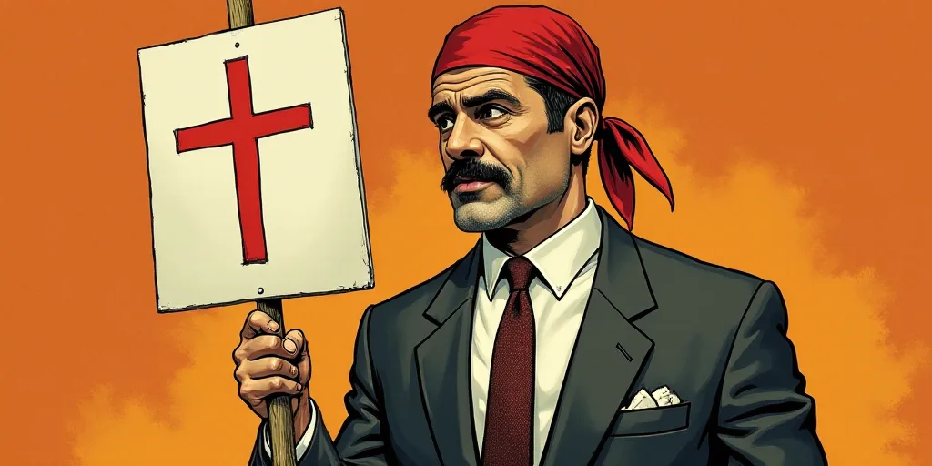 a man in a suit and tie holding a sign with a cross on it and a bandana on his head, Art Spiegelman,
