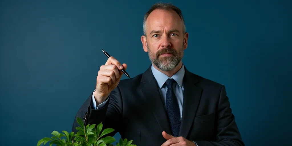 a man in a suit and tie holding a pen and a plant in front of him with a blue background, Dirck van