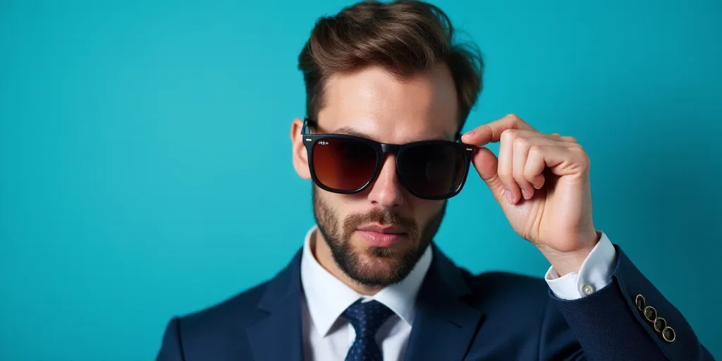 a man in a suit and tie holding up a pair of sunglasses to his face with a blue background, Bourgeoi