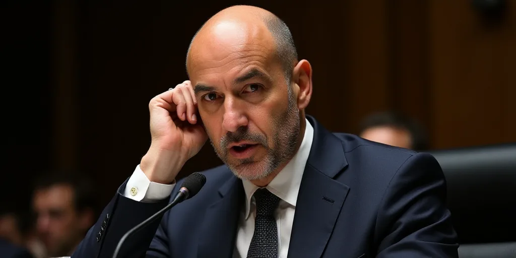 a man in a suit and tie holding his head to his ear while sitting down in front of a microphone, Edw