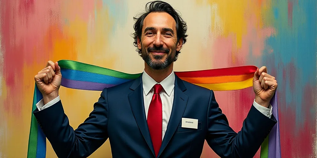 a man in a suit and tie holding a rainbow ribbon around his neck and a name tag on his neck, Arnold