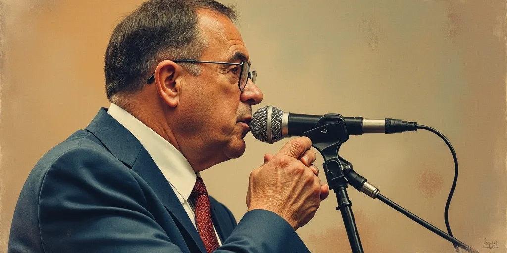 a man in a suit and tie holding a microphone up to his face while standing in front of a microphone,