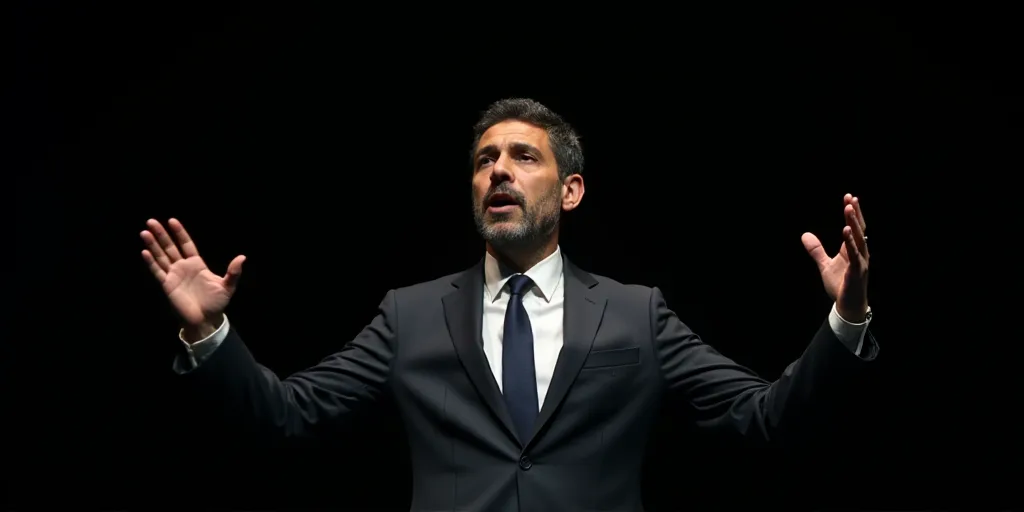 a man in a suit and tie is giving a speech with his hands up in the air and a black background, Carl