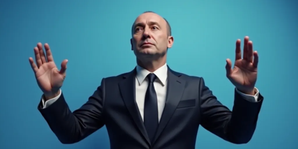 a man in a suit and tie is holding his hands up in front of him and a blue background, Boris Vladimi