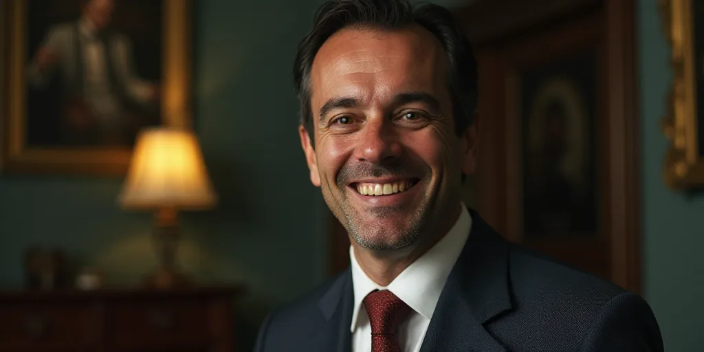 a man in a suit and tie is smiling for a picture with the caption of a business card, Enguerrand Qua