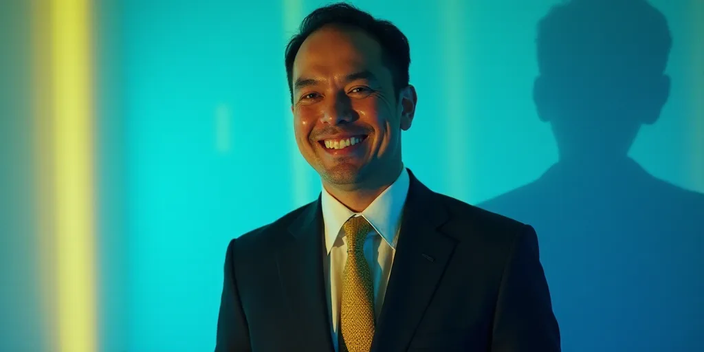 a man in a suit and tie is smiling for a picture with a blue background and a yellow border, Edward