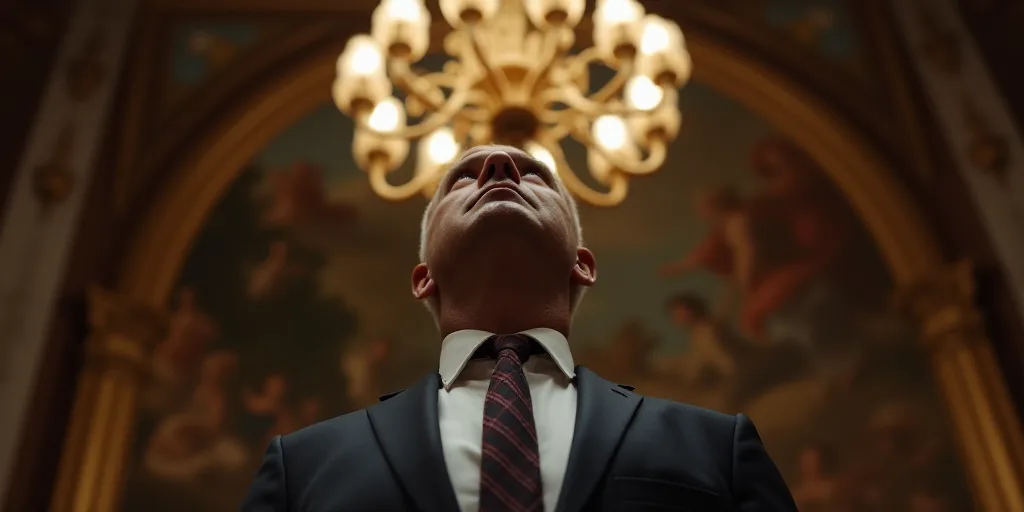 a man in a suit and tie looking up at the ceiling with a chandelier behind him and a chandelier behi