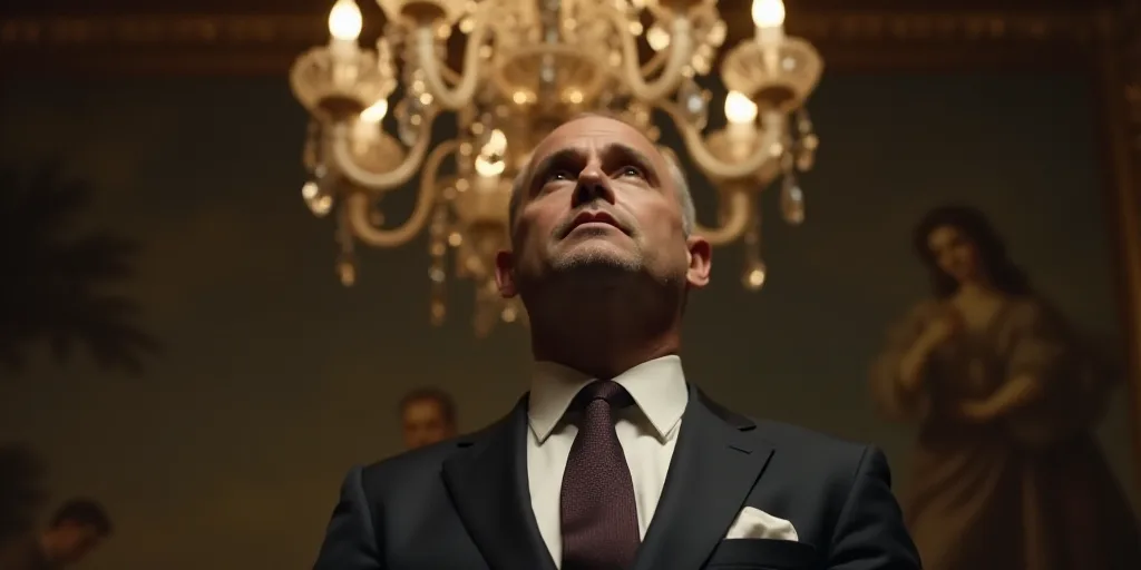 a man in a suit and tie looking up at the ceiling with a chandelier behind him and a chandelier behi