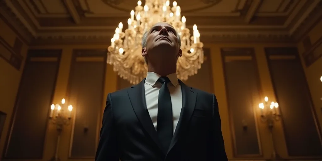 a man in a suit and tie looking up at the ceiling with a chandelier behind him and a chandelier behi