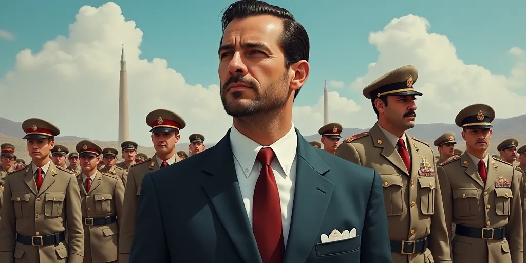 a man in a suit and tie looking off into the distance with other men in uniform in the background, E